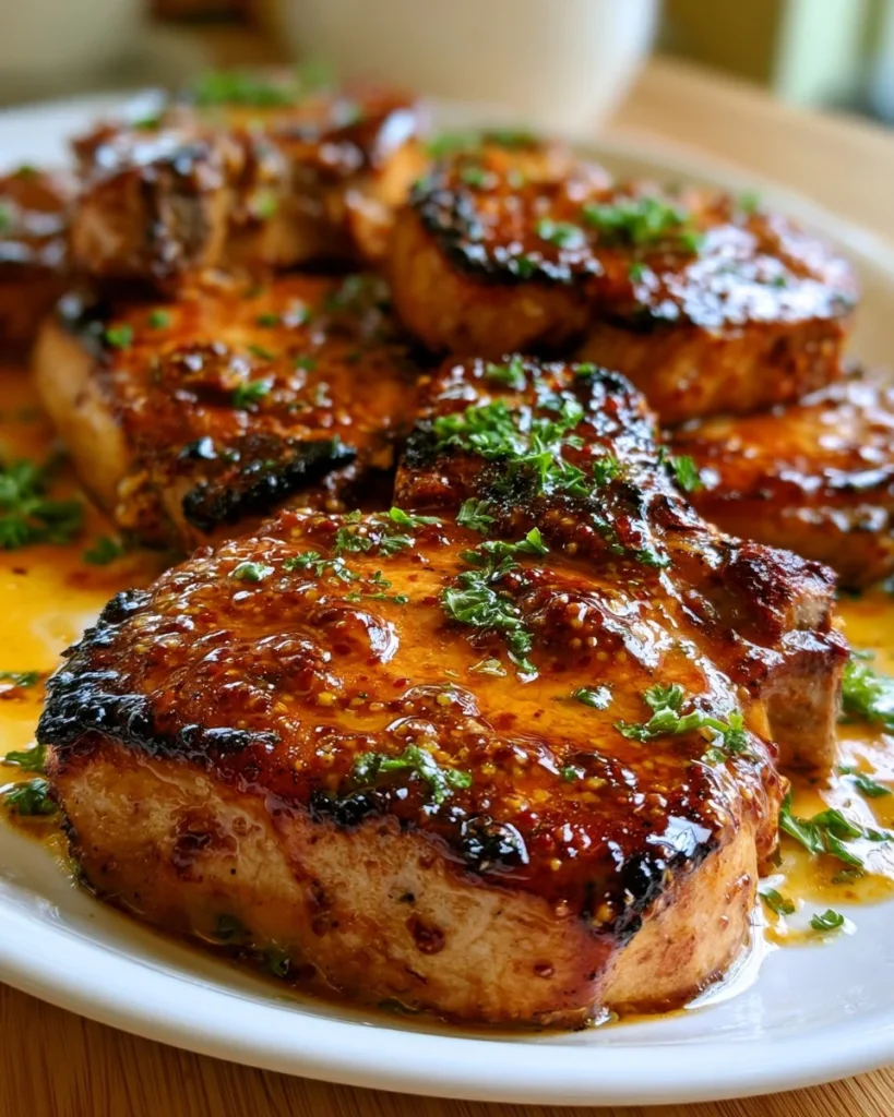 Pan-seared Brown Sugar Mustard Pork Chops on a plate with herbs.