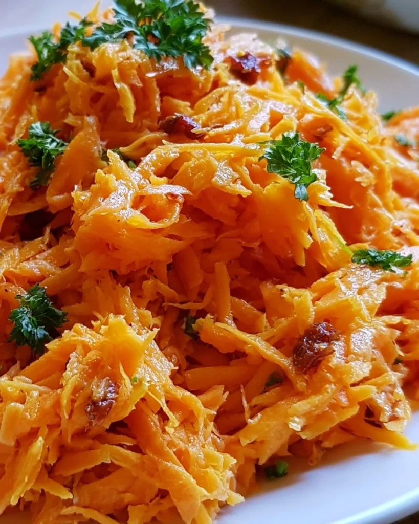 Freshly prepared carrot salad with dressing and herbs