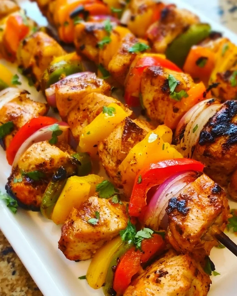 Grilled Chicken Fajita Kabobs with colorful veggies on skewers