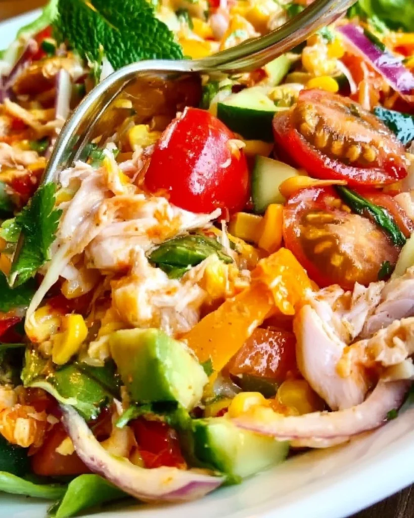 A colorful Chicken Fresh Veggie Salad with grilled chicken and fresh vegetables.