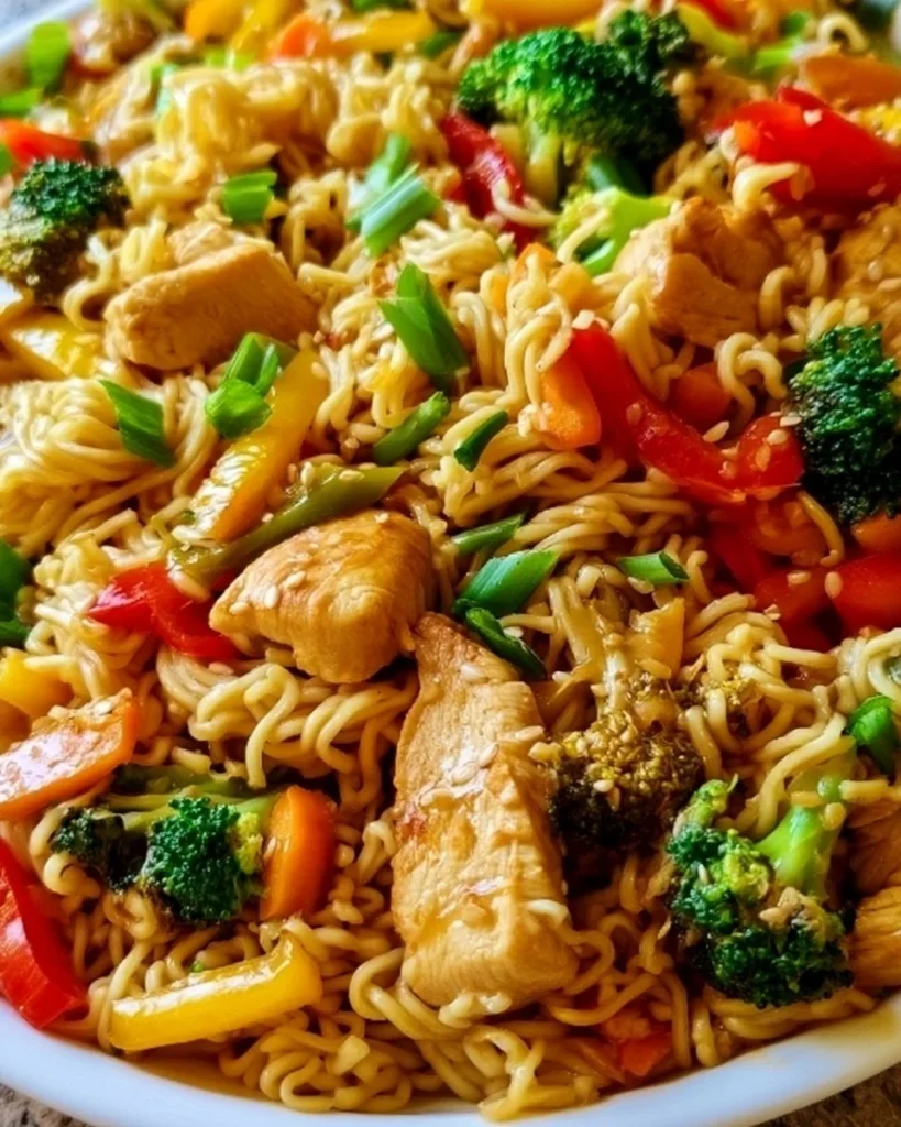 Delicious Chicken Ramen Stir Fry with veggies and noodles served in a bowl