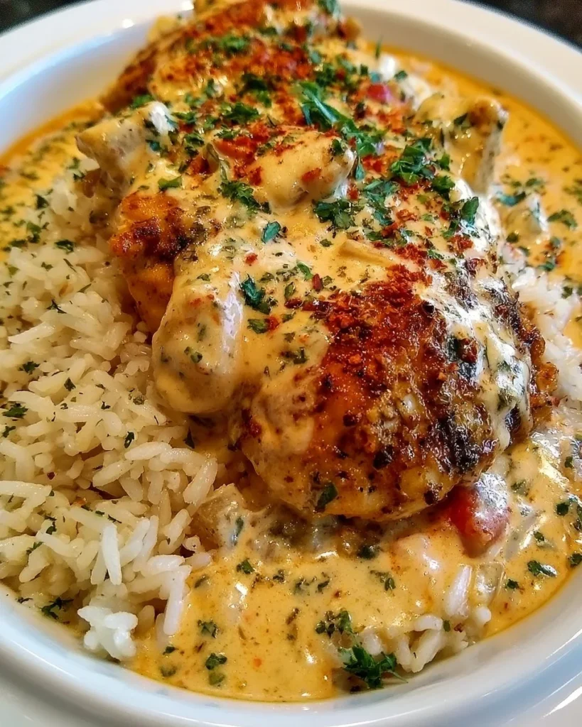 Creamy Cajun chicken served with rice in a flavorful sauce