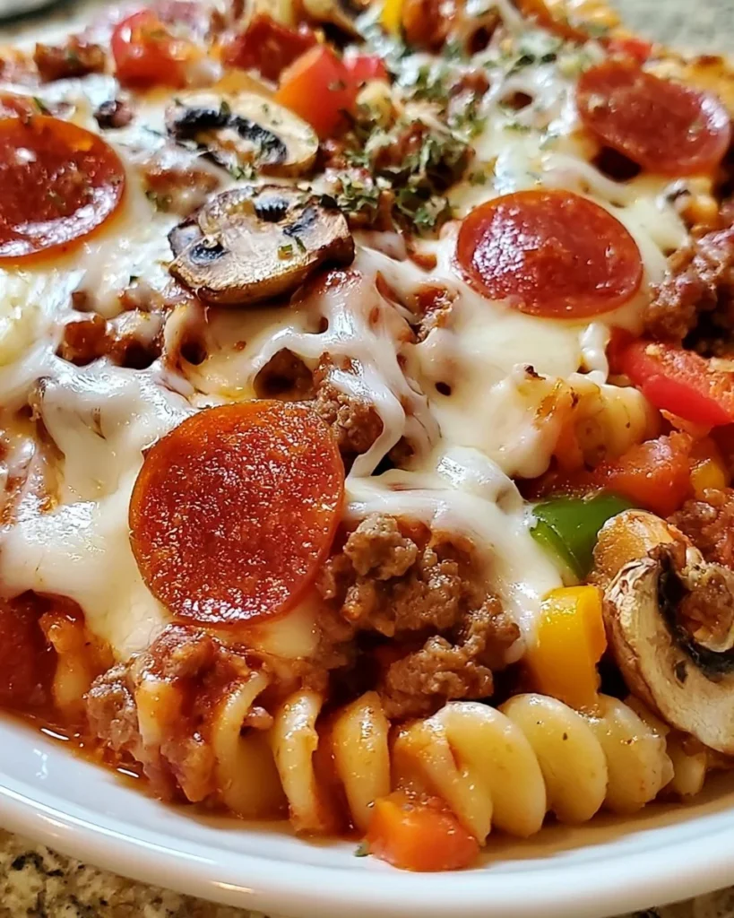 Delicious Crockpot Pizza Casserole topped with cheese and pepperoni