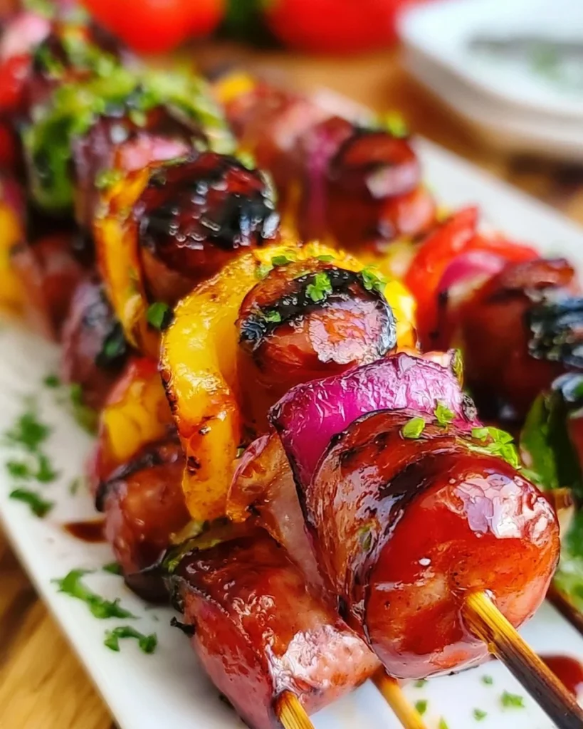 Delicious easy grilled sausage kabobs on a skewer ready for the BBQ