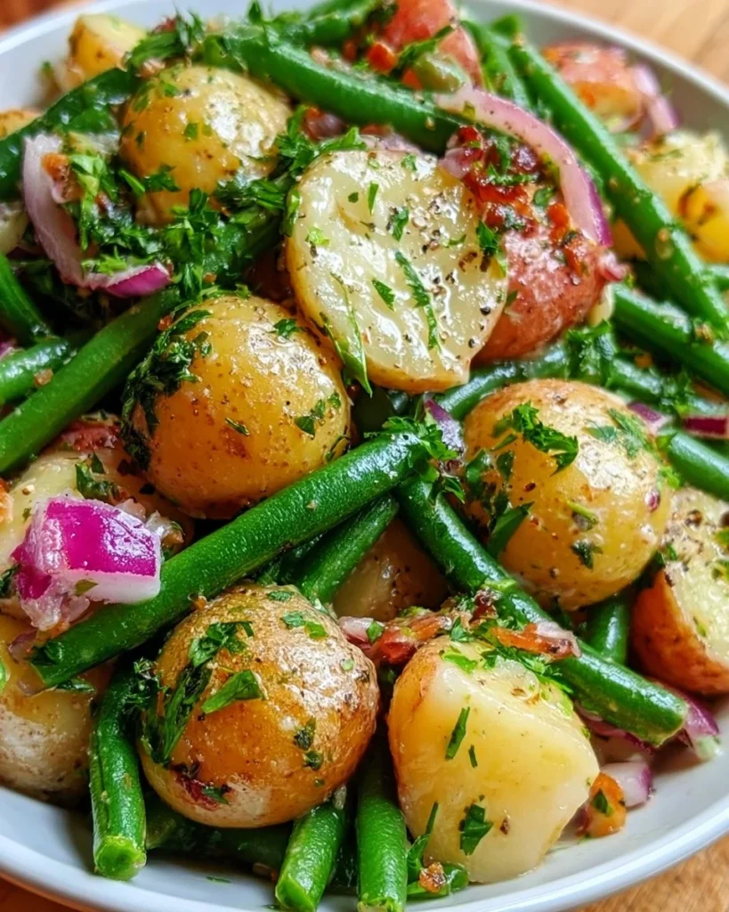 French potato salad with green beans served in a bowl, garnished with herbs.