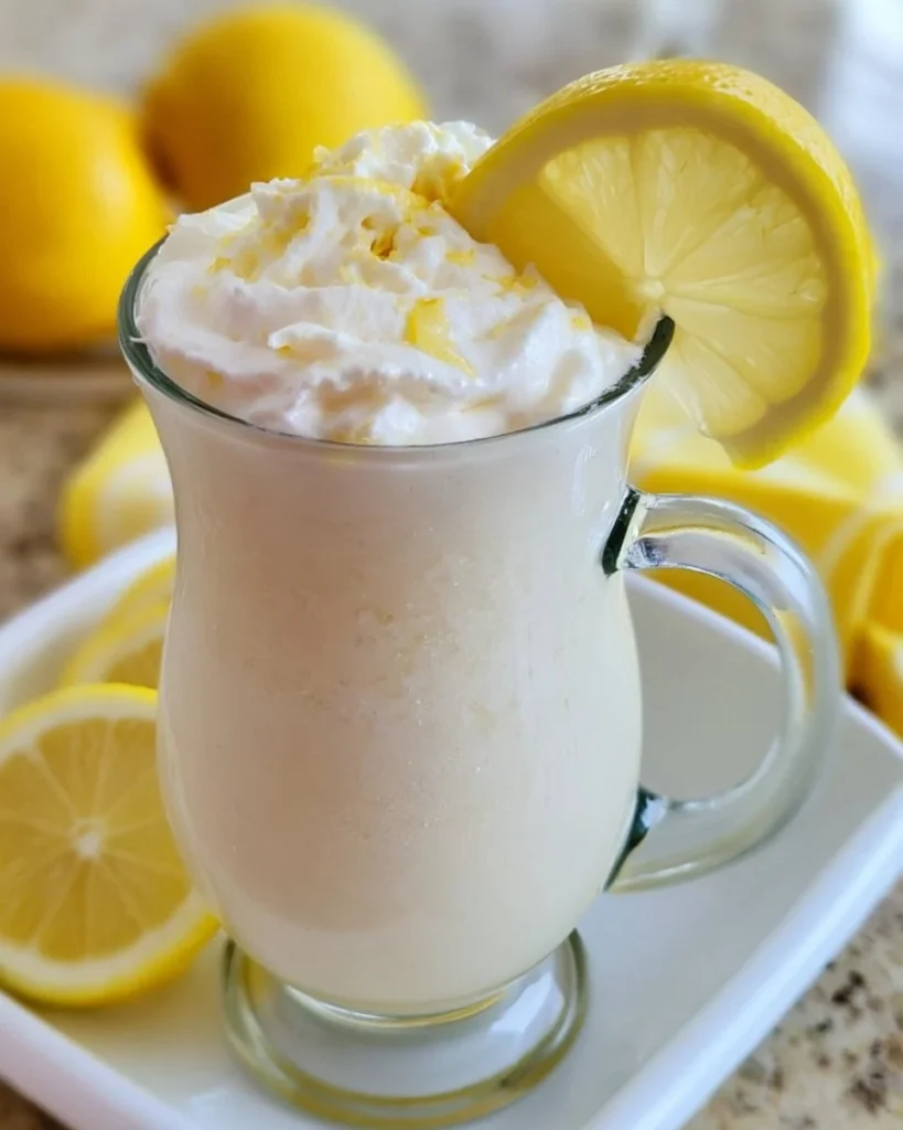 Delicious frozen whipped lemonade in a glass with lemon slices and mint