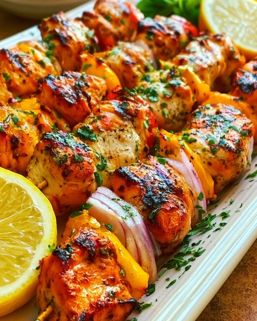 Delicious Grilled Greek Chicken Skewers served on a platter with vegetables.