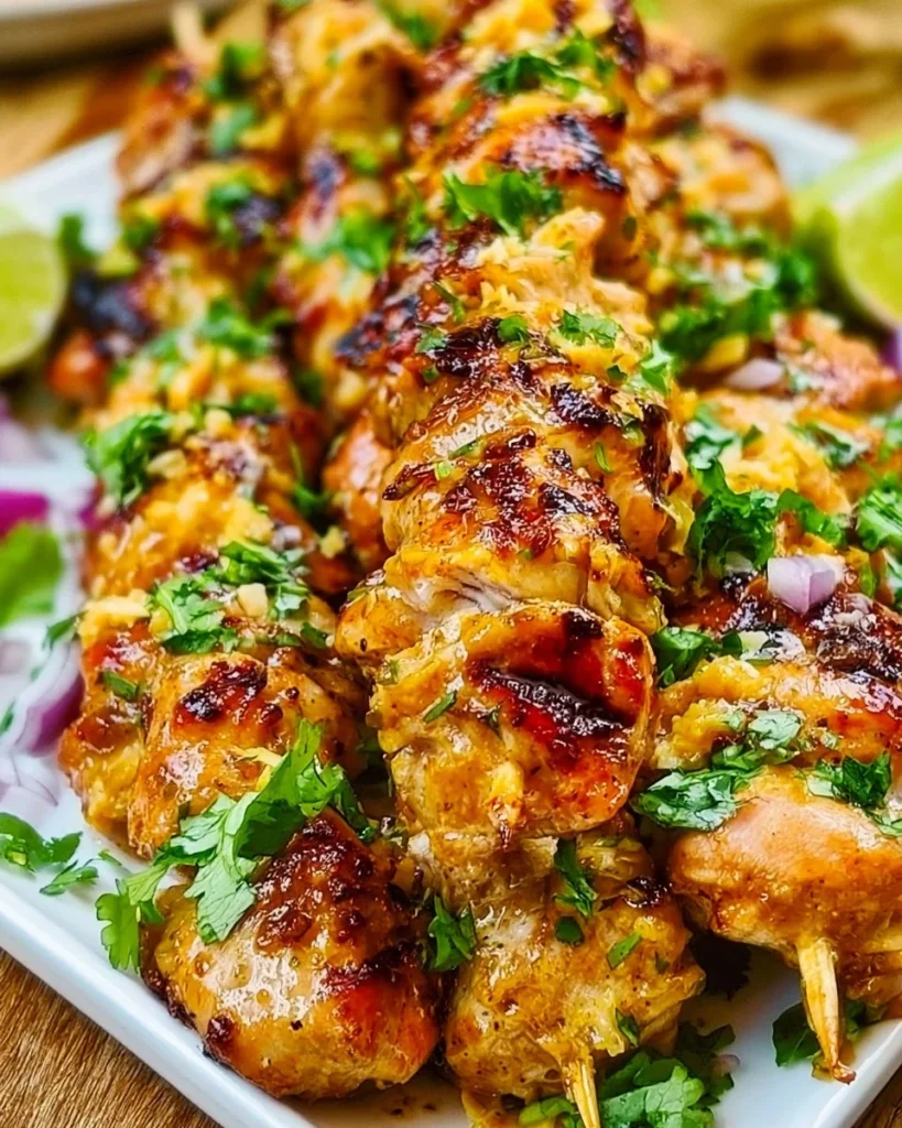 Grilled Thai Coconut Chicken Skewers served on a plate with dipping sauce