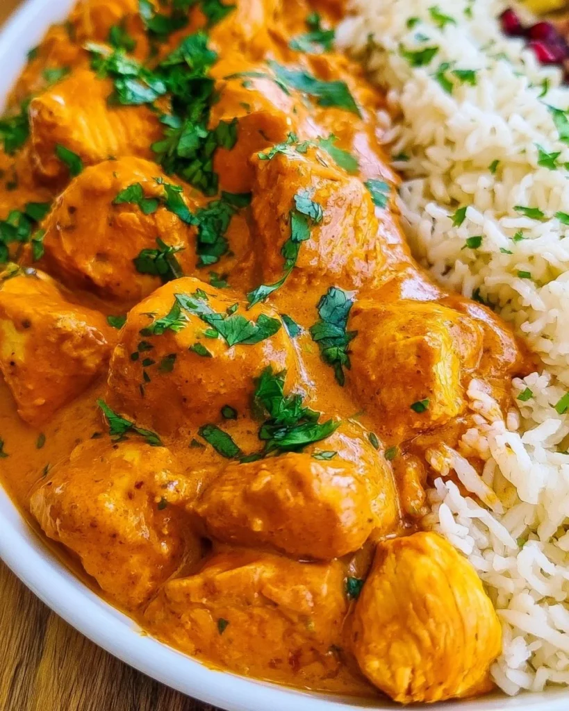 A bowl of homemade butter chicken served with rice and naan bread.