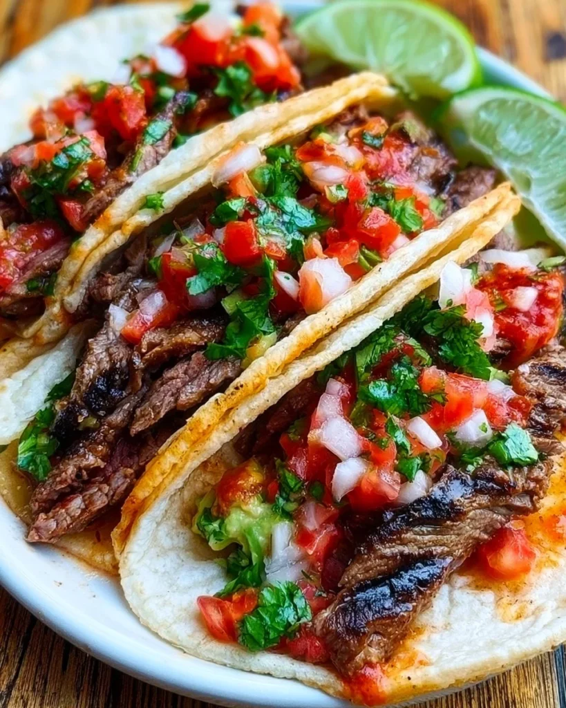 Delicious homemade grilled beef tacos with fresh toppings and spices