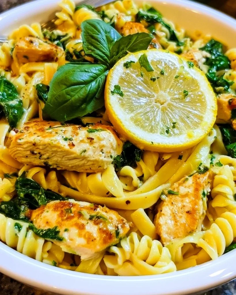 Delicious plate of lemon chicken served with pasta and fresh herbs
