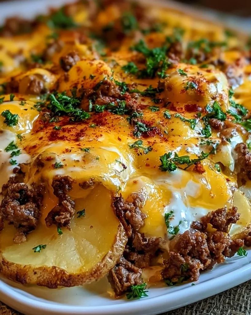 Delicious Loaded Beef and Potato Bake topped with cheese and herbs