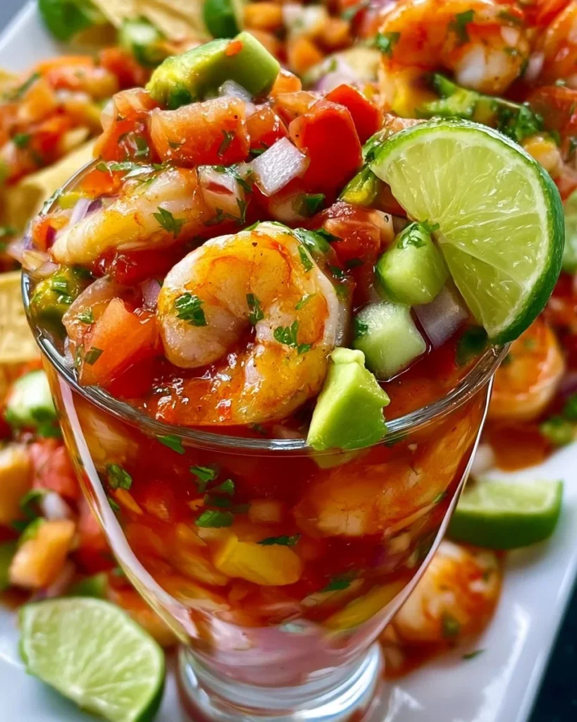 A vibrant Mexican shrimp cocktail served in a glass with fresh ingredients.