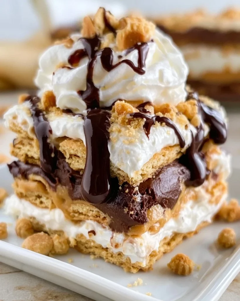 Delicious no bake chocolate peanut butter lasagna dessert layered in a dish