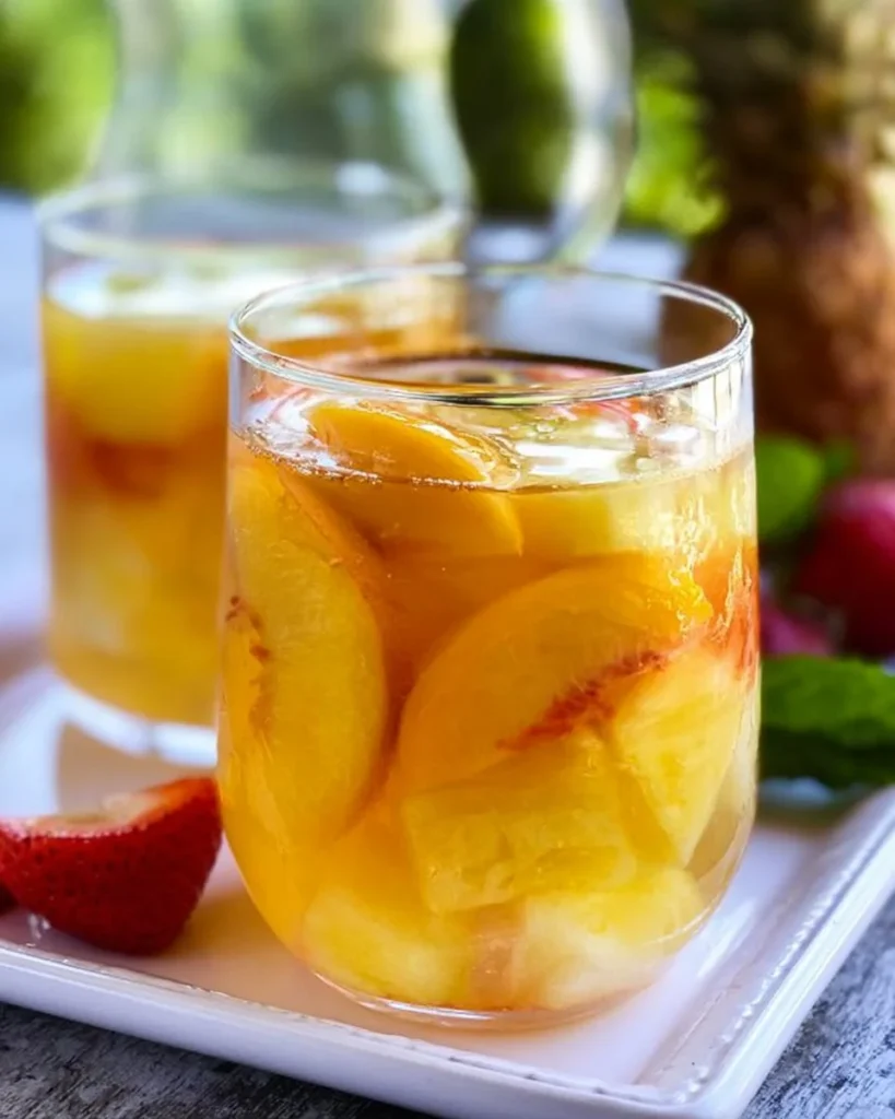 A glass of Peach White Wine Sangria garnished with fresh peaches and mint