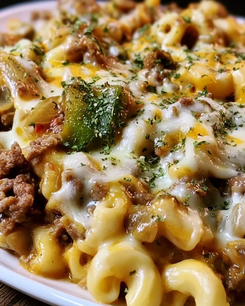 Delicious Philly Cheesesteak Pasta served in a bowl with toppings.