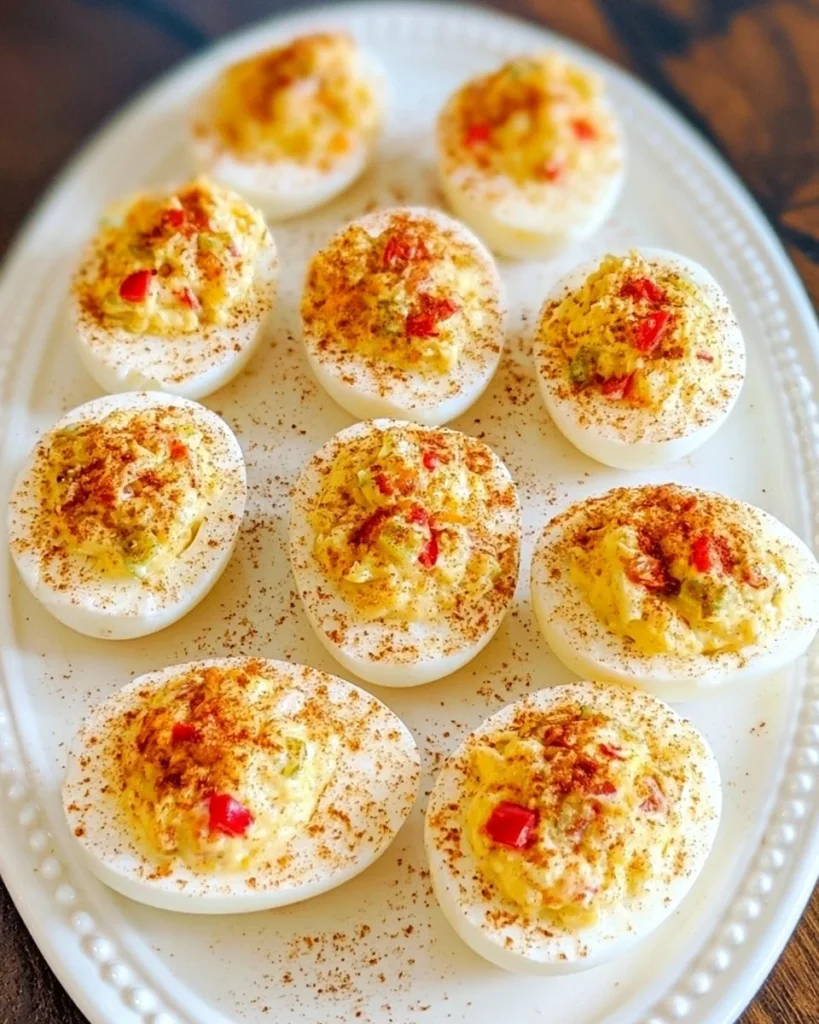 Pimento Deviled Eggs served on a platter with garnish