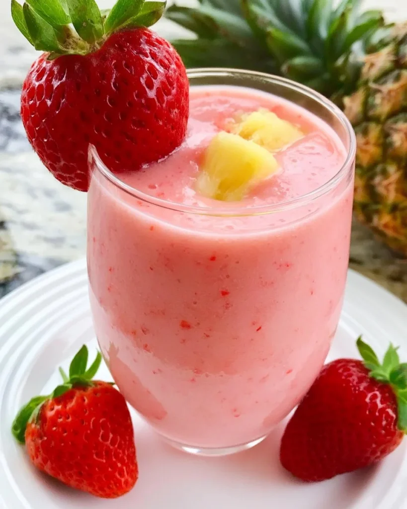 Tropical Pineapple Strawberry Smoothie in a glass with fresh fruits around it