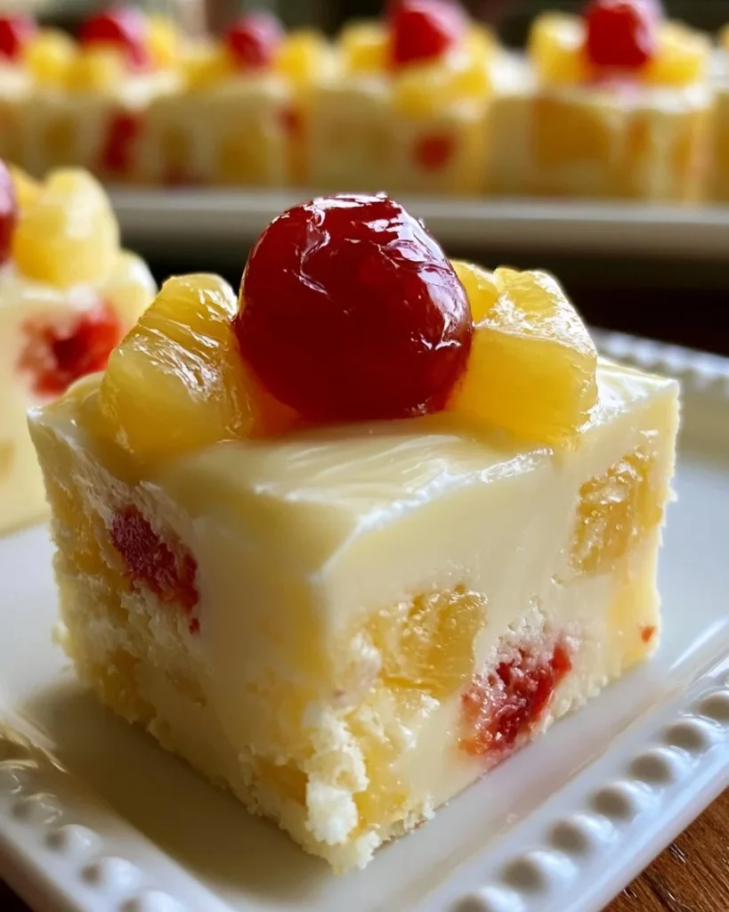 Pineapple Upside Down Fudge dessert topped with cherries and pineapple slices