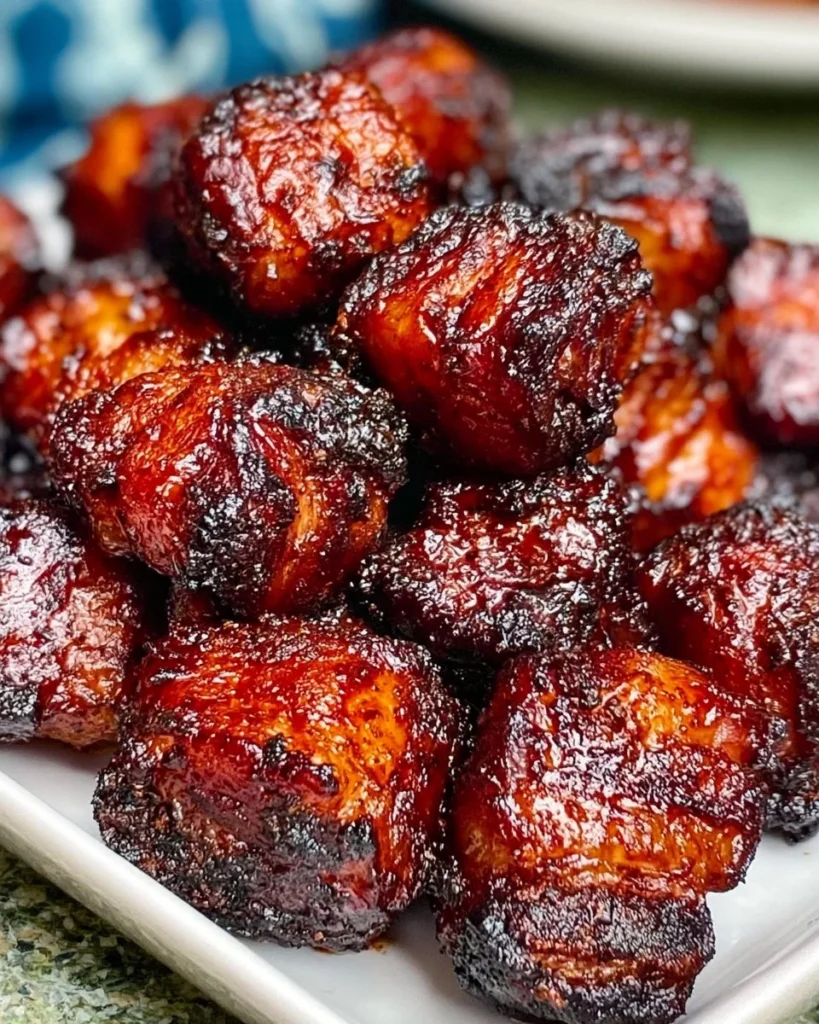 Delicious Pork Belly Burnt Ends served on a wooden platter