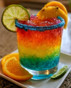 Colorful Rainbow Margarita cocktail served in a glass