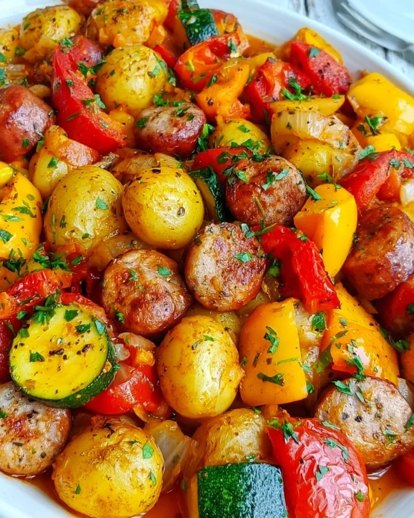 Delicious sausage and vegetable skillet dish ready to serve