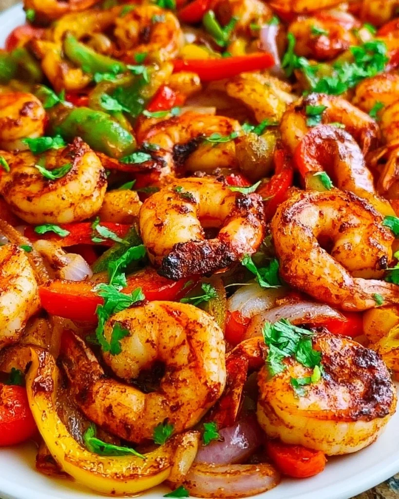 Sheet pan dish featuring shrimp and colorful bell peppers cooked to perfection.