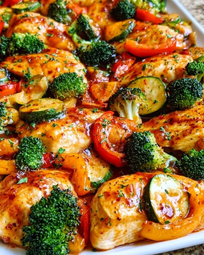 Sheet Pan Sweet Chili Chicken garnished with vegetables