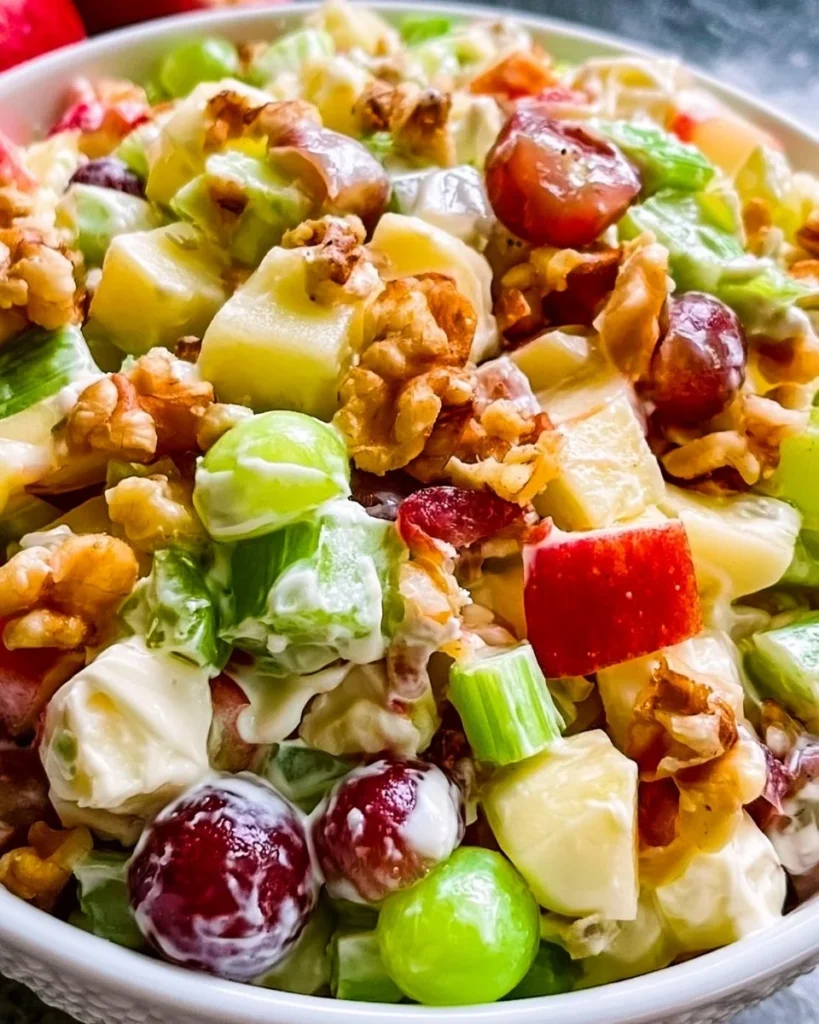 Delicious Waldorf Salad with apples, grapes, celery, and walnuts in a bowl