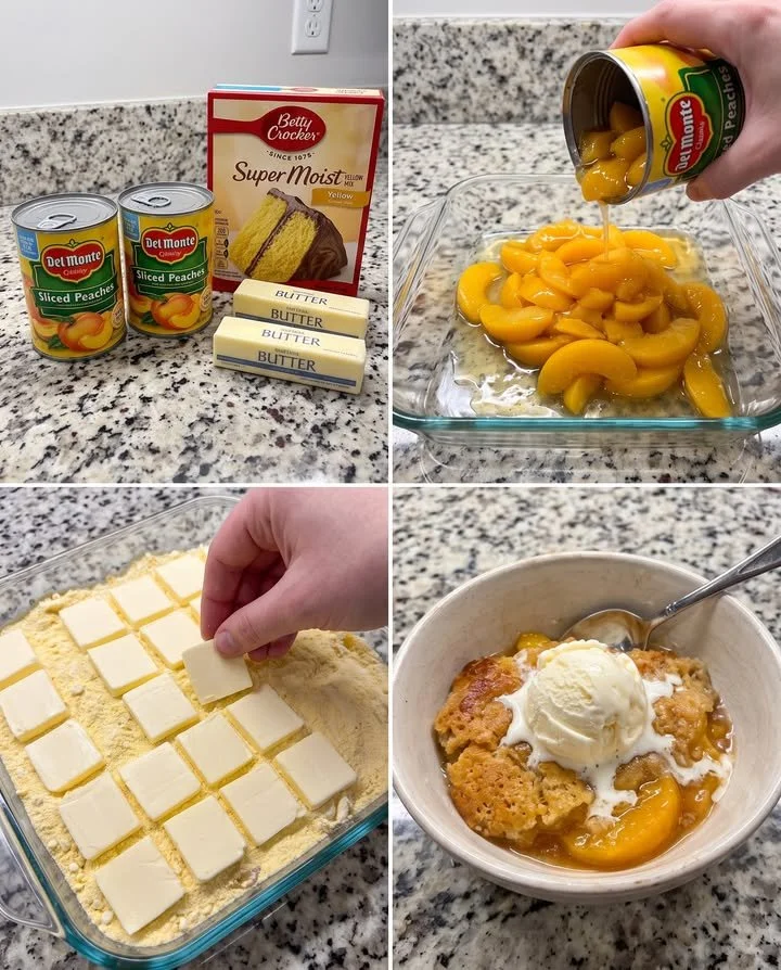 Delicious 3-Ingredient Peach Cobbler Dump Cake served in a bowl
