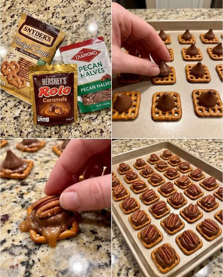Delicious homemade 3-Ingredient Rolo Pretzel Bites, sweet and salty snacks.