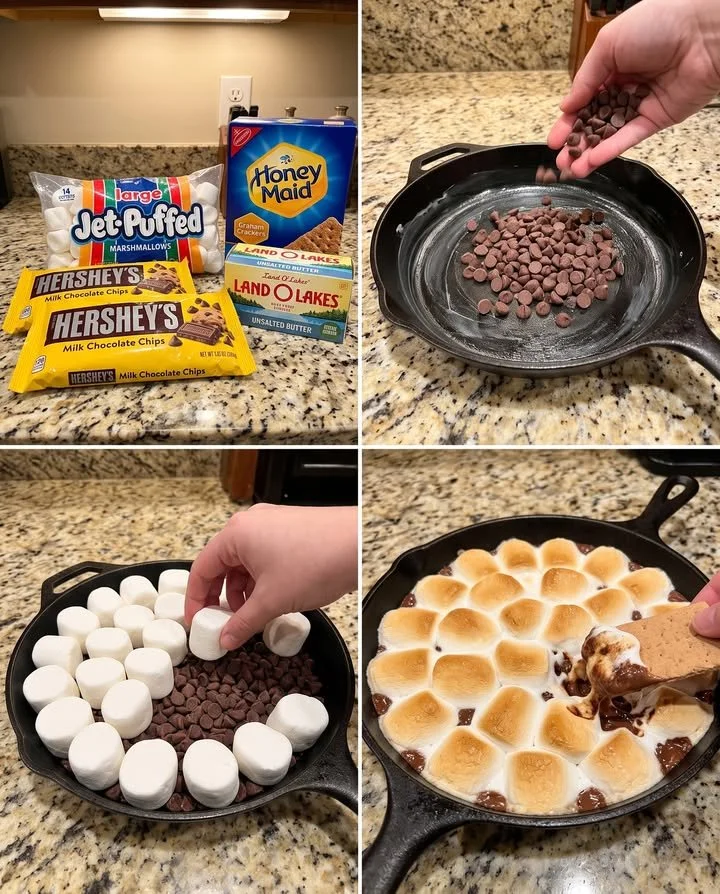 Delicious skillet s'mores dip with melted chocolate and marshmallows