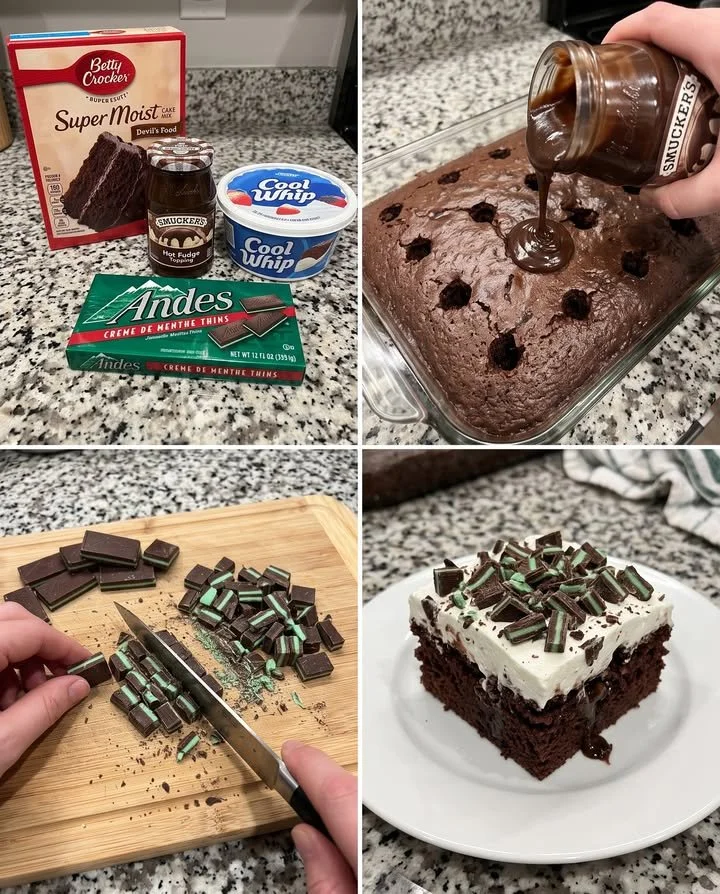 Andes Mint Chocolate Poke Cake with layers of chocolate and mint flavor