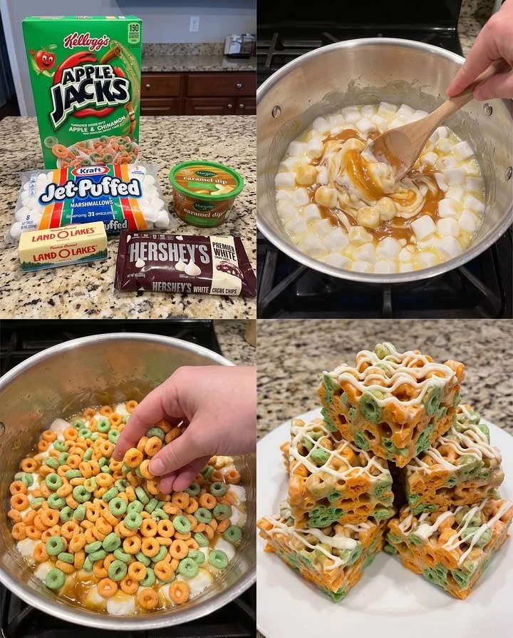 Apple Jacks Caramel Marshmallow Treats with colorful cereal and gooey caramel