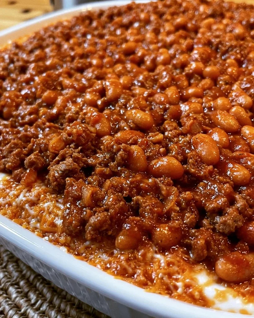 Delicious baked beans with ground beef served in a bowl