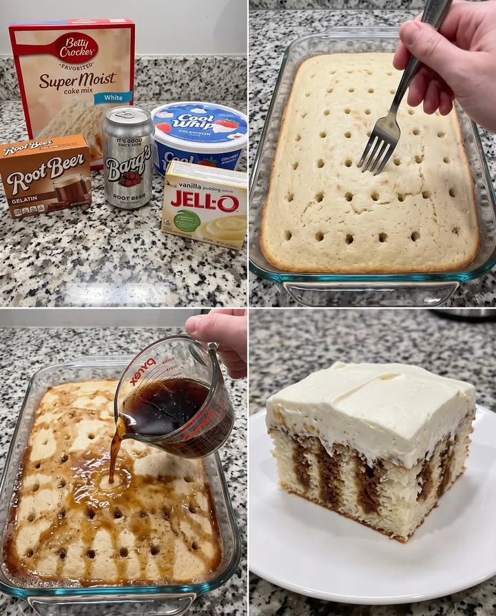 Barq's Root Beer Float Poke Cake with creamy toppings and root beer flavor