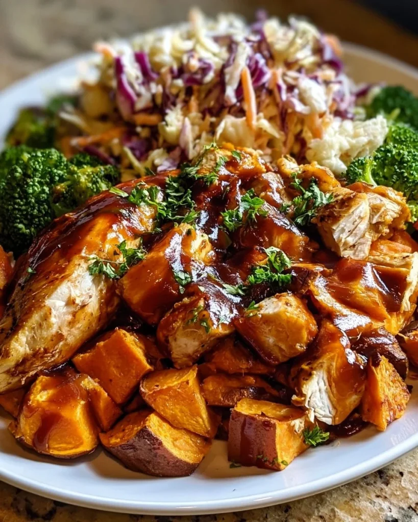 Delicious BBQ chicken served over roasted sweet potatoes in a vibrant bowl
