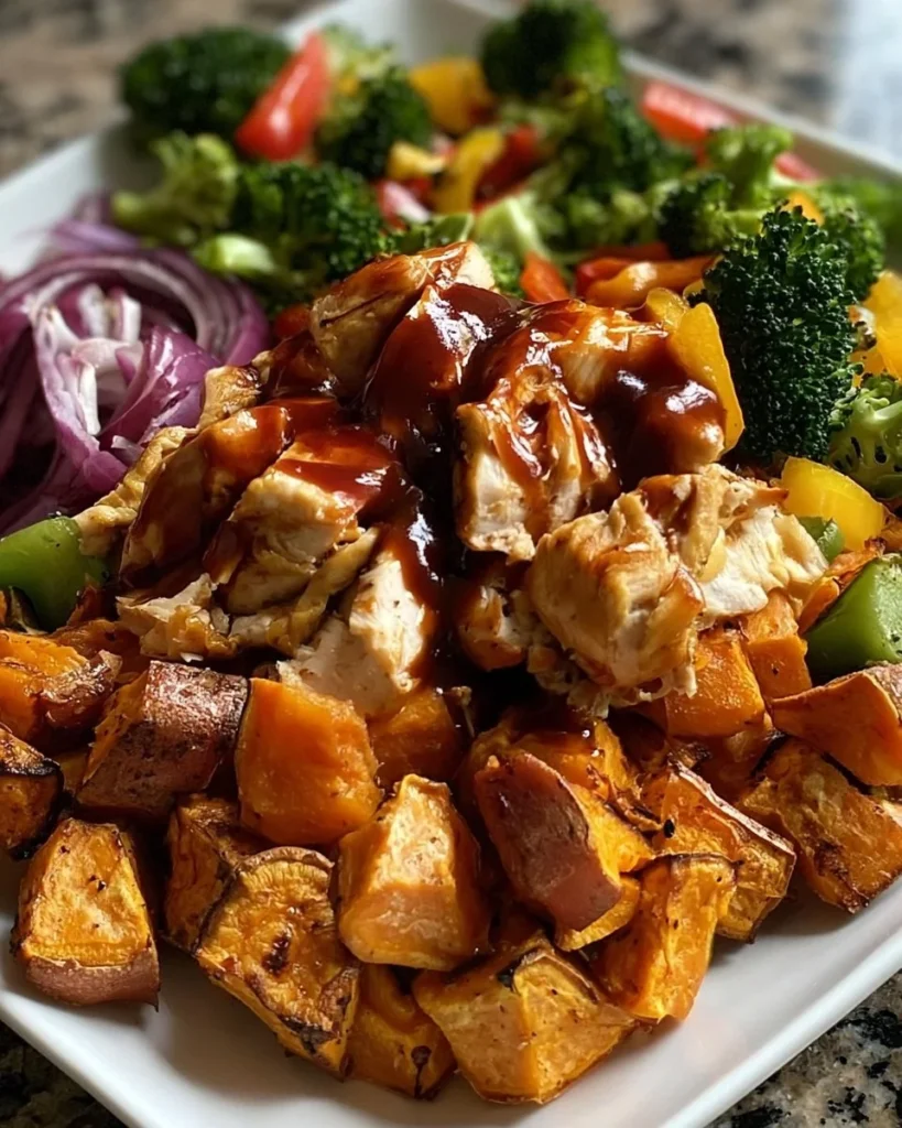 BBQ chicken served in a bowl with roasted sweet potatoes and vegetables