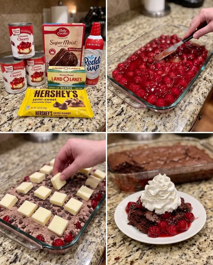 Black Forest Dump Cake topped with cherries and whipped cream on a plate
