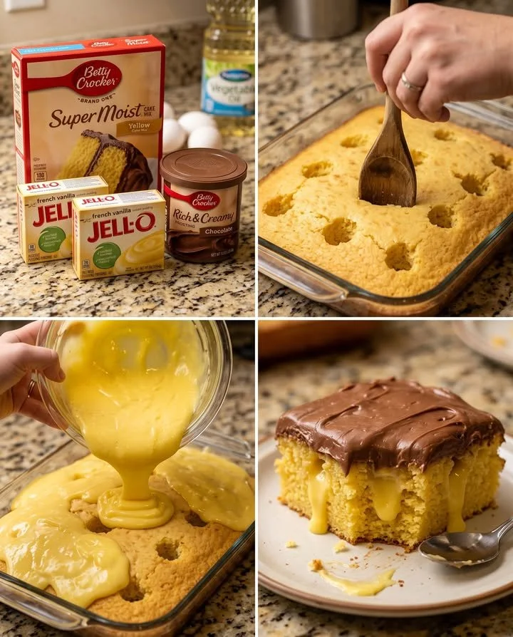 Delicious Boston Cream Pie Poke Cake topped with chocolate and cream filling