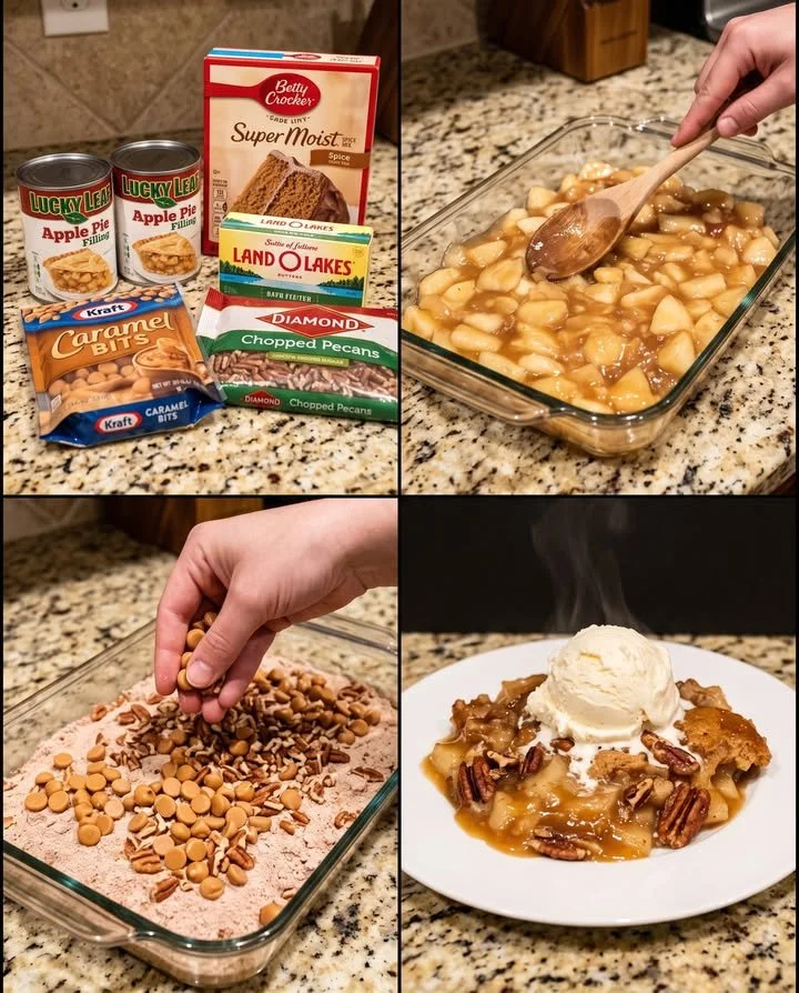 Delicious Caramel Apple Pecan Dump Cake served in a rustic dish