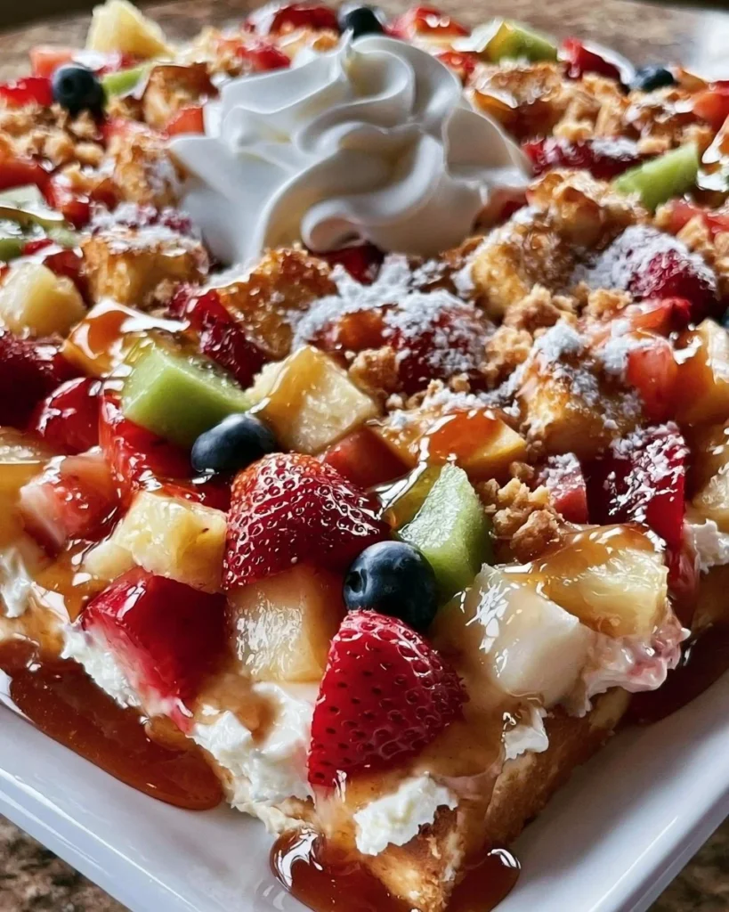 Delicious cheesecake fruit salad with fresh fruits and creamy cheesecake topping.