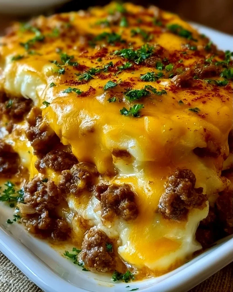 Delicious cheesy ground beef and potatoes casserole in a baking dish