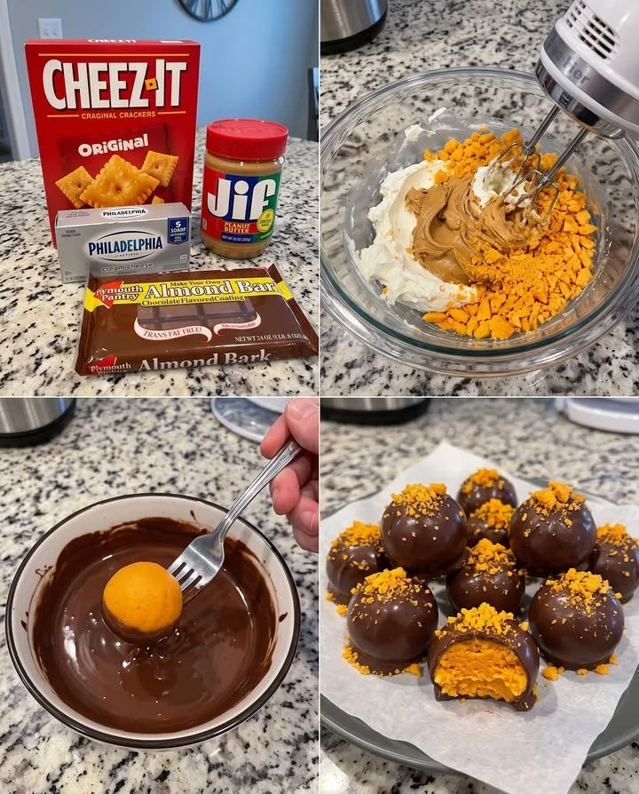 Delicious Cheez-It Peanut Butter Truffles stacked on a plate