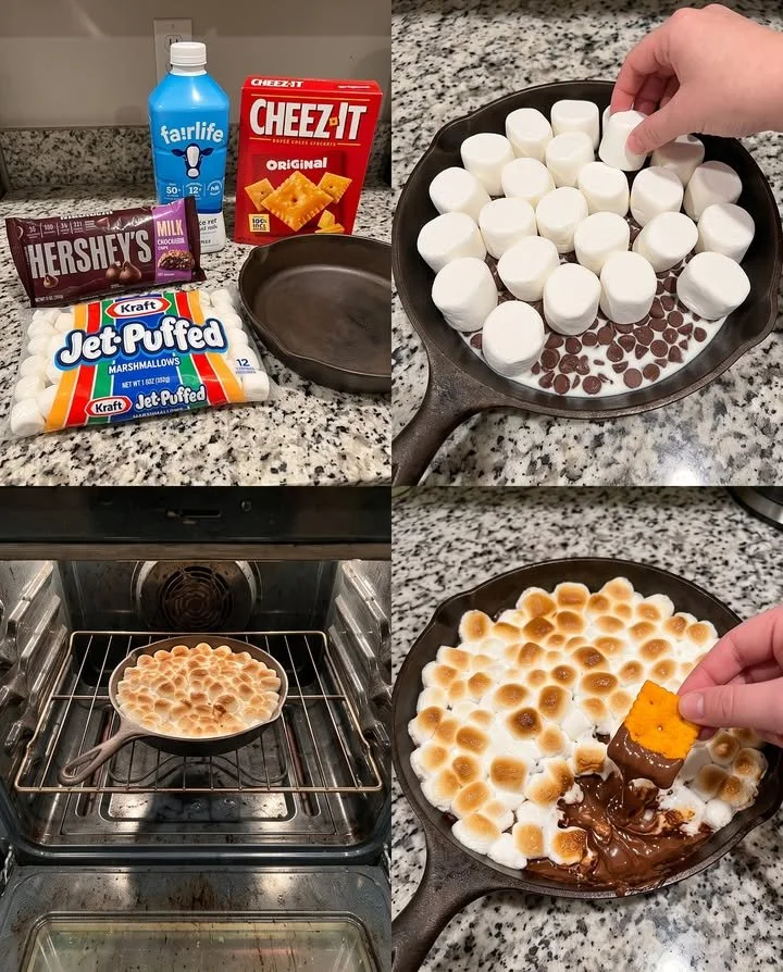 Cheez-It S'mores Skillet Dip topped with marshmallows and chocolate