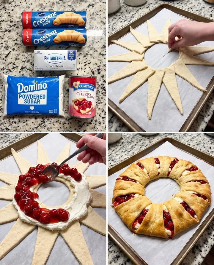 Cherry Cheesecake Crescent Ring topped with fresh cherries and cream cheese