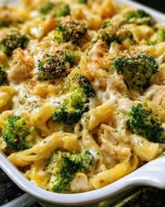 Delicious Chicken Broccoli Pasta Bake served in a dish