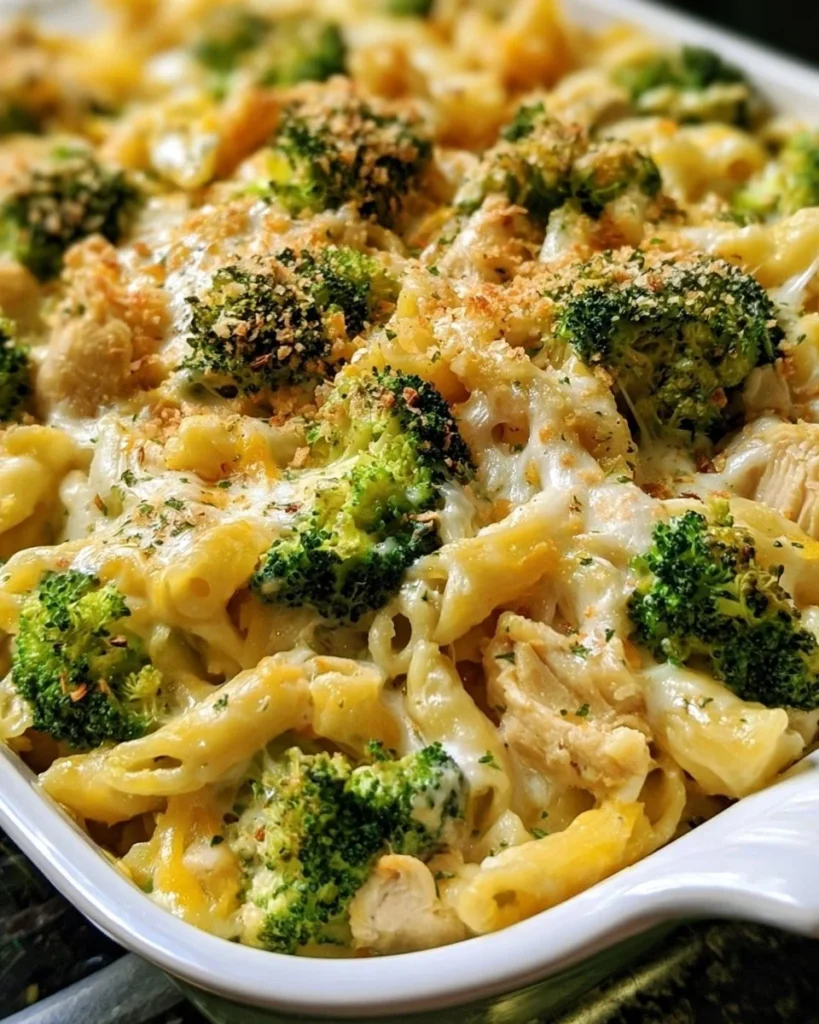 Delicious Chicken Broccoli Pasta Bake served in a dish