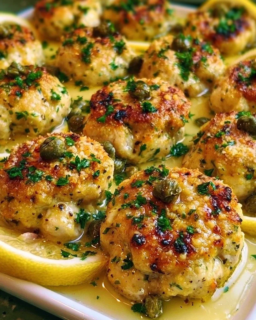 Delicious Chicken Piccata Meatballs served with lemon and capers.