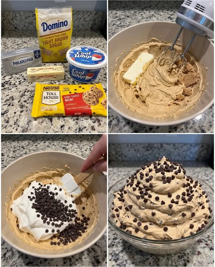 Creamy Chocolate Chip Cookie Dough Fluff dessert in a bowl
